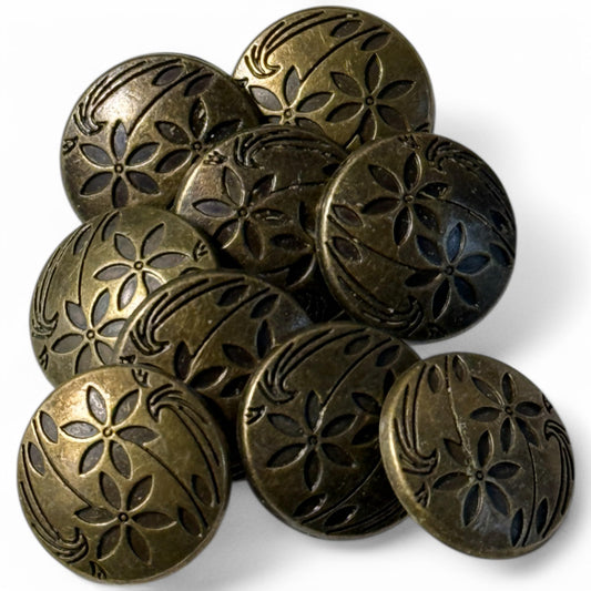 KnitForLess Zinc Metal Shank Buttons, 17mm, Round Antique Bronze, Flower Carved, Pack of 6